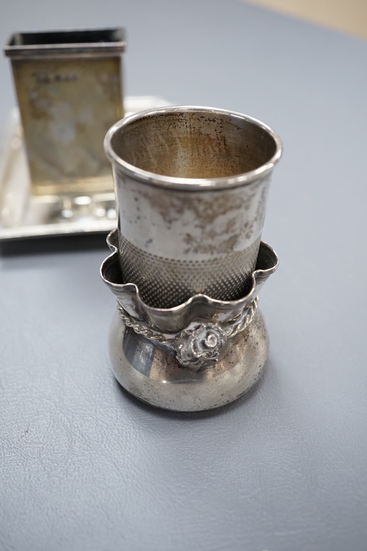 A George V silver Mappin and Webb match box holder ashtray, 12.6cm, a just a thimbleful sterling spirit tit, novelty 925 salt, modelled as a sack.